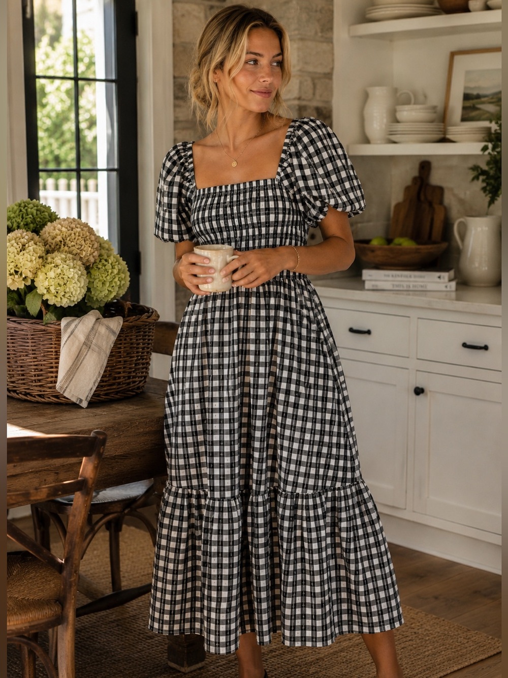 Black white Gingham Smocked Puff Sleeve Cottagecore Midi Dress